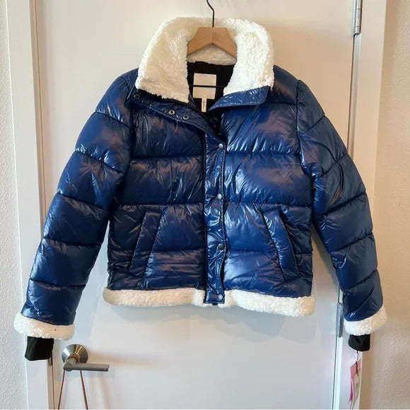 Avec Les Filles Shiny Cropped Sherpa Lined Puffer Coat Jacket in Blue, Size M - Picture 5 of 7